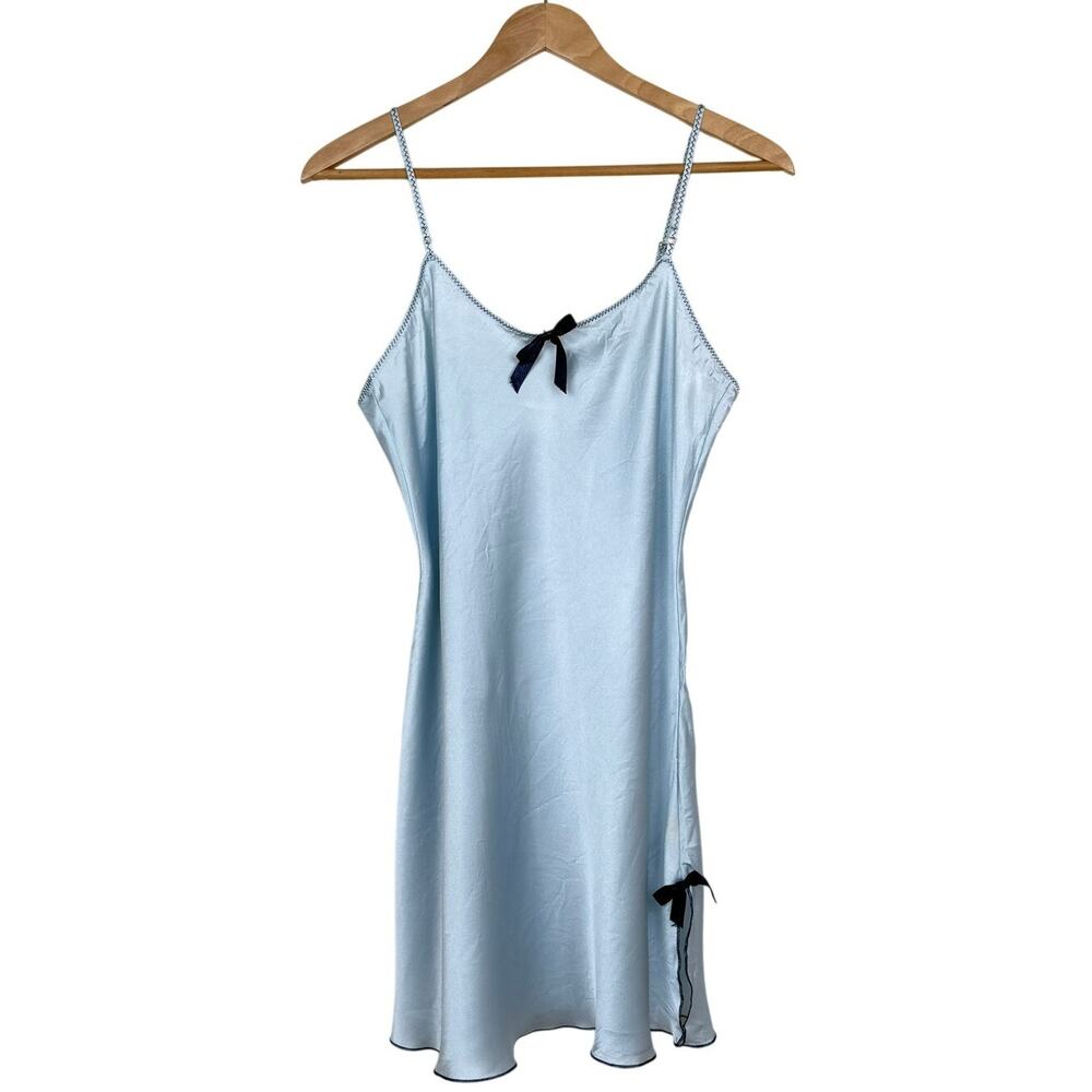 WinterSilks Vintage 90s Silk Chemise Slip Dress Mini Light Blue Romantic Size S